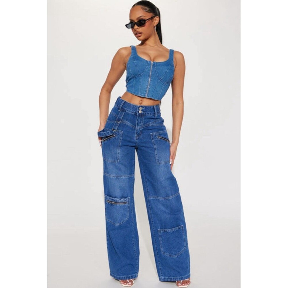 NWT Fashion Nova Undefeated Non-Stretch Baggy Cargo Jeans Dark Wash - Size 7